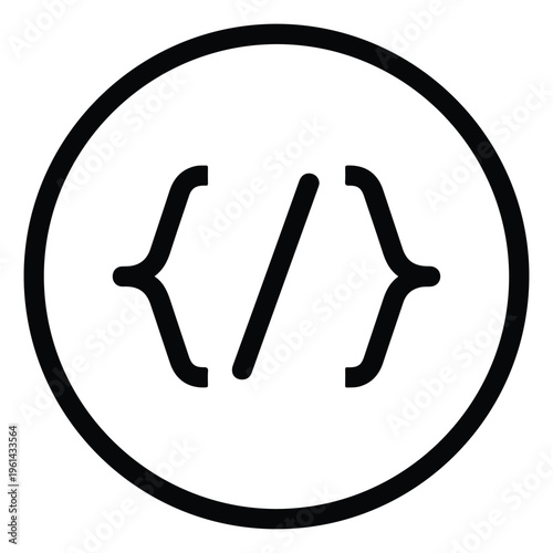 Programming Code Icon, Modern Minimalist Brackets and Slash Circle Symbol for Software Development, Website Coding, Digital Algorithm and Technology Interface Design
