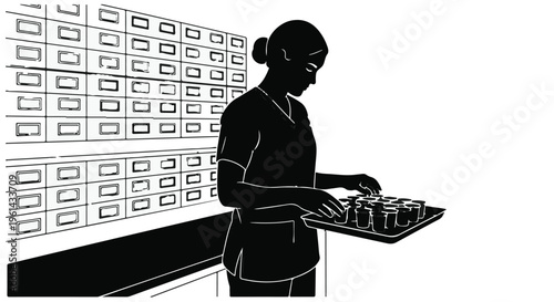 Silhouette of a female pharmacist or medical professional organizing medicine bottles on a tray in a pharmacy or laboratory