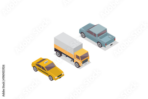 Isometric Pickup Truck And Cars Set