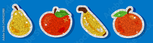 Glitter fruit sticker set with pears and oranges on blue background. Bright shiny illustration featuring sparkling textured fruit icons with white outlines, ideal for prints, stationery and packaging.