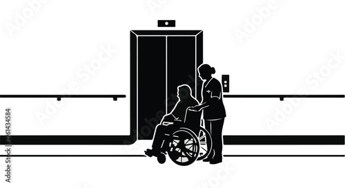 Accessible transportation, disabled person in wheelchair with assistant or caregiver using elevator in modern building, accessible design, inclusivity concept