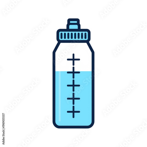 A reusable plastic water bottle featuring a blue cap and a graduated measurement scale for hydration