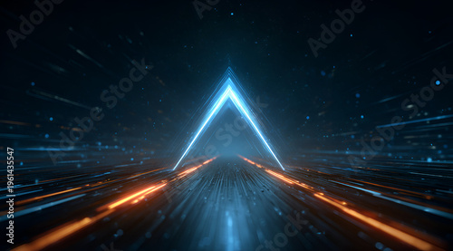A digital abstract with a glowing blue triangle centered above a pathway, framed by illuminated orange lines, on a dark backdrop