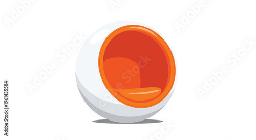A sleek white egg chair with a vibrant orange interior cushion stands on a white background.