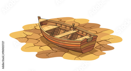 A wooden rowboat with visible planks sits on a patch of cracked dry earth on a clean white background.