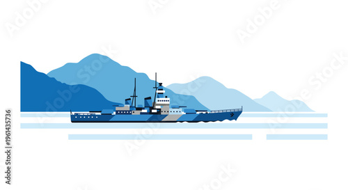 A stylized blue and grey battleship sails across calm waters with layered blue mountains in the background.