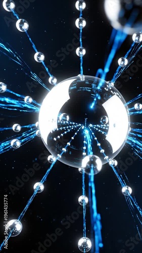Abstract 3D Glowing Blue Spheres and Light Beams Forming Futuristic Digital Network on Dark Background, Technology Concept Loop
