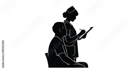 Silhouette of a female nurse taking notes on a clipboard while consulting a male patient in a medical clinic