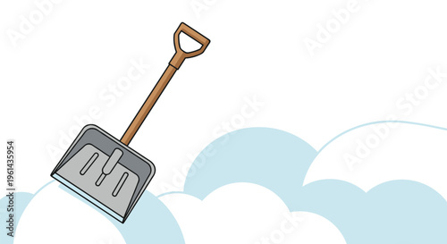 A grey and brown snow shovel is angled into a pile of stylized snow on a clean white background.