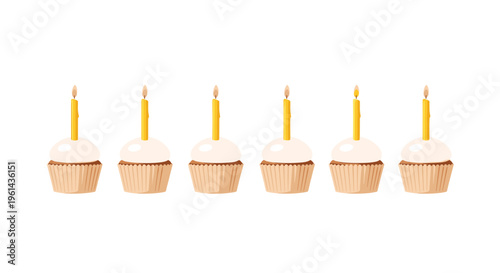 Six cupcakes with white frosting and lit yellow candles are arranged in a horizontal row against a white background.