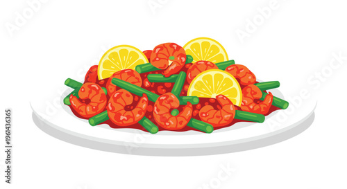A white oval plate holds a colorful serving of cooked shrimp, green beans, and lemon slices on a plain background.