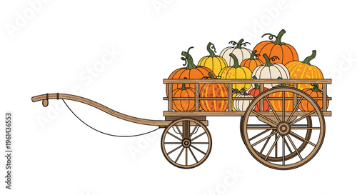 A rustic wooden cart filled with a variety of orange, yellow, and white pumpkins and gourds sits on a white background.