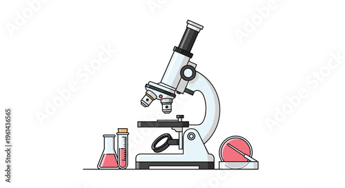A white microscope, two pink liquid flasks, and a pink petri dish are arranged on a line against a white background.