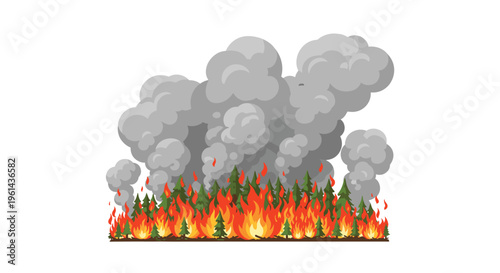 A devastating forest fire with orange flames and billowing grey smoke engulfs green pine trees against a white background.