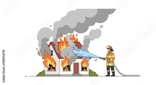 A single firefighter sprays water from a hose onto a two-story house engulfed in orange flames and dark grey smoke.