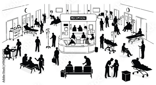 Silhouette of a busy hospital emergency room waiting area with medical staff and patients in beds and chairs