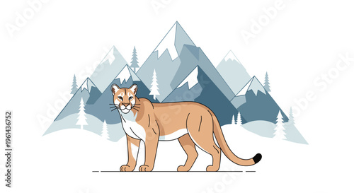 A light brown cougar stands on flat ground, facing forward with a direct gaze, against a backdrop of stylized blue mountains and pine trees.