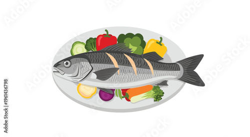 A cooked fish with orange stripes is served on a white plate surrounded by various fresh vegetables against a plain white background.