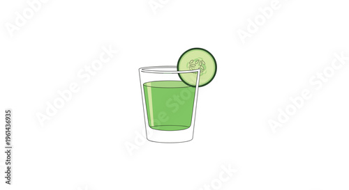 A cylindrical glass with light green liquid and a cucumber slice on its rim is displayed on a white background.