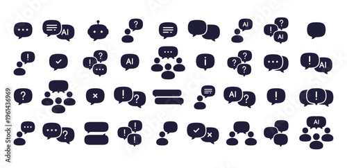 Modern AI chatbot and speech bubble icon set, flat people communication symbols, artificial intelligence message and dialogue collection, silhouette chat bubbles for UI UX design