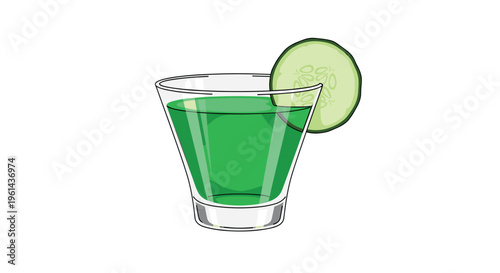 A conical glass filled with dark green liquid and a cucumber slice on its rim is presented on a white background.