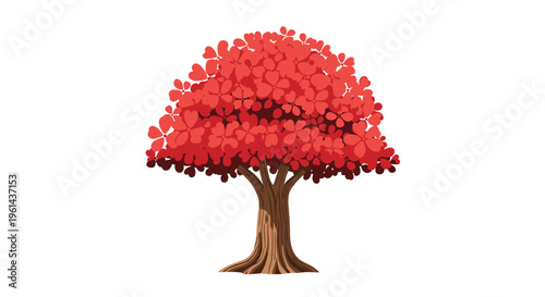 A stylized tree with a textured brown trunk has a dense canopy of vibrant red, heart-shaped leaves.