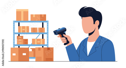 A man in a blue shirt holds a barcode scanner near a shelving unit filled with brown boxes.