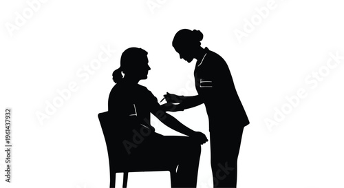 Silhouette of a female nurse giving a vaccine injection to a patient in a medical clinic
