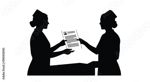 Two female nurses in silhouette sharing patient information and medical records in a hospital setting with teamwork and healthcare concept