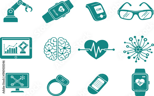 Collection of modern wearable technology and health monitoring devices icons