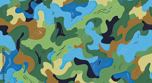 Abstract camouflage pattern with organic shapes in earthy and aquatic tones