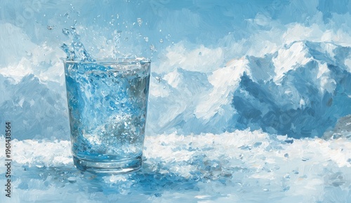 Refreshing glass of water splashes in a snowy mountain landscape