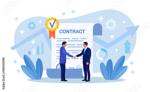 Contract agreement between two business people shaking hands. Business partnership concept. Successful partners standing and closing deal. Flat design vector illustration
