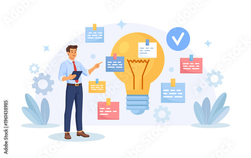 Finding and generate novel ideas for business success. Brainstorming and trying to find creative solutions. Critical thinking and analyzing ability. Flat design vector illustration