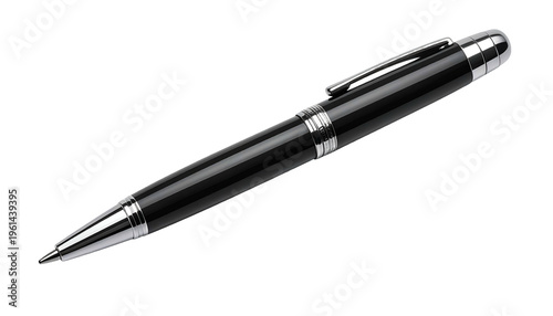 Sleek, glossy black pen with silver accents on black background, angled