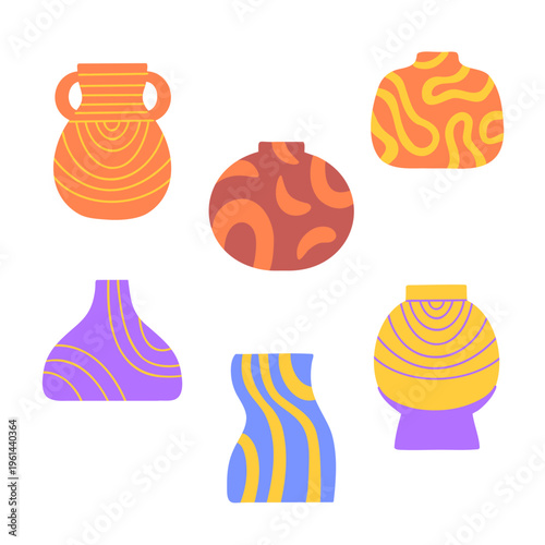 Colorful flat vector illustration collection with vases of different shapes and ornaments. Minimalist clip art of modern interior decor. Indoor ceramic pitcher elements isolated on white background.