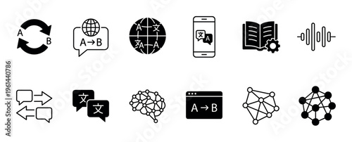 Set of black translation and language icons representing communication technology, including symbols for global exchange, mobile apps, dictionaries, voice recognition, and AI neural networks