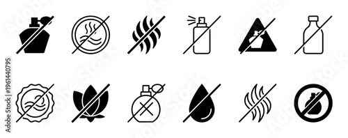 Twelve black and white fragrance-free icons clearly illustrate prohibitions against perfumes, sprays, strong odors, and various chemical or natural scents