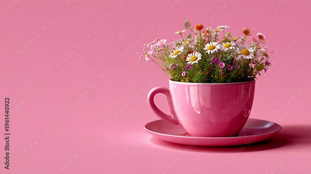 Obraz premium Pink ceramic cup filled with assorted wildflowers on a matching saucer against a solid pink background, showcasing vibrant colors and delicate floral details