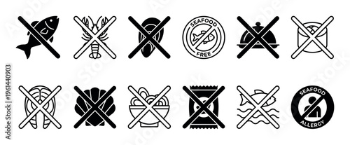 Collection of black seafood allergy icons and food allergen symbols in a minimalist style, featuring crossed-out fish, shellfish, lobster, and sushi for dietary restriction labeling