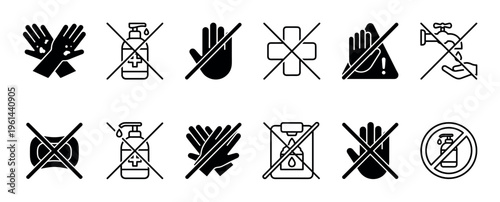Set of black and white prohibition icons for hygiene and safety, including do not touch, no hand sanitizer, and no hand washing symbols in a minimalist line art vector style