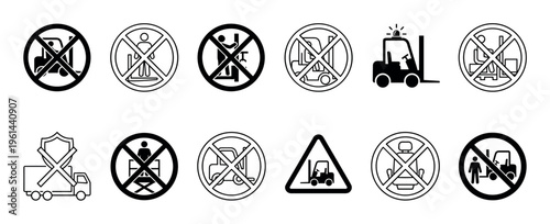 Collection of black forklift safety icons showing various prohibitions and warnings for industrial vehicle operation and workplace rules presented in a simple vector graphic style