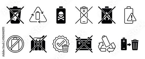 Black battery recycling and disposal warning icons set showing toxic waste, do not throw in trash, and proper handling instructions for hazardous materials