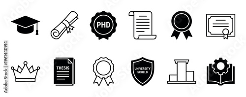Collection of black education and graduation icons including a mortarboard cap, diploma scroll, award medal, and university shield, representing academic achievement and success
