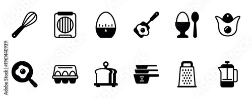 Black and white glyph icon set for breakfast and cooking, including a whisk, egg timer, frying pan, grater, and french press in a clean minimalist pictogram style