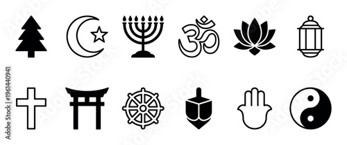 Collection of world religion symbols in a simple black line art style, including Christian, Jewish, Islamic, Hindu, Buddhist, and Taoist icons for interfaith dialogue