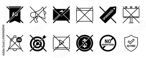 Set of black ad-free icons representing concepts like no advertising, ad blocking, and anti-spam for a clean user experience, presented in a minimalist line art vector style