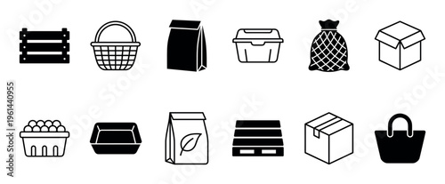 Set of black packaging icons showing various containers for shipping and retail, including a crate, basket, box, bag, and pallet, in a minimalist glyph and line art style