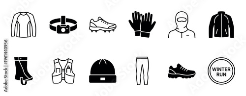 Winter running clothes and accessories icon set with a headlamp, gloves, beanie, and spiked shoes for cold weather jogging, shown as simple black linear and glyph symbols