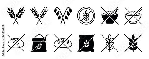 Set of black gluten free icons and grain symbols including wheat, oats, bread, and flour for celiac disease awareness and allergen-free food product packaging